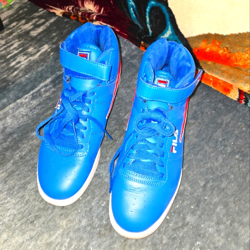 FILA F13 Sky Blue, White and Red Hi-top Sneakers